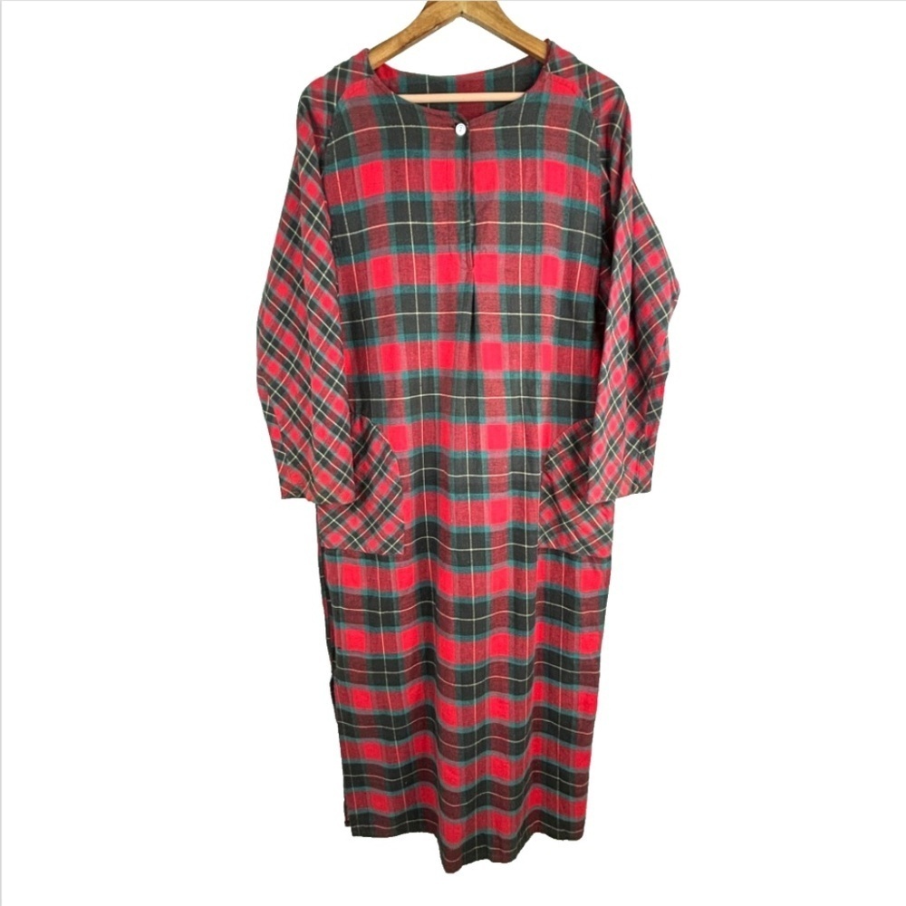 VTG 90s Barad Flannel Nightgown L Red Plaid Pockets Granny Holiday Christmas